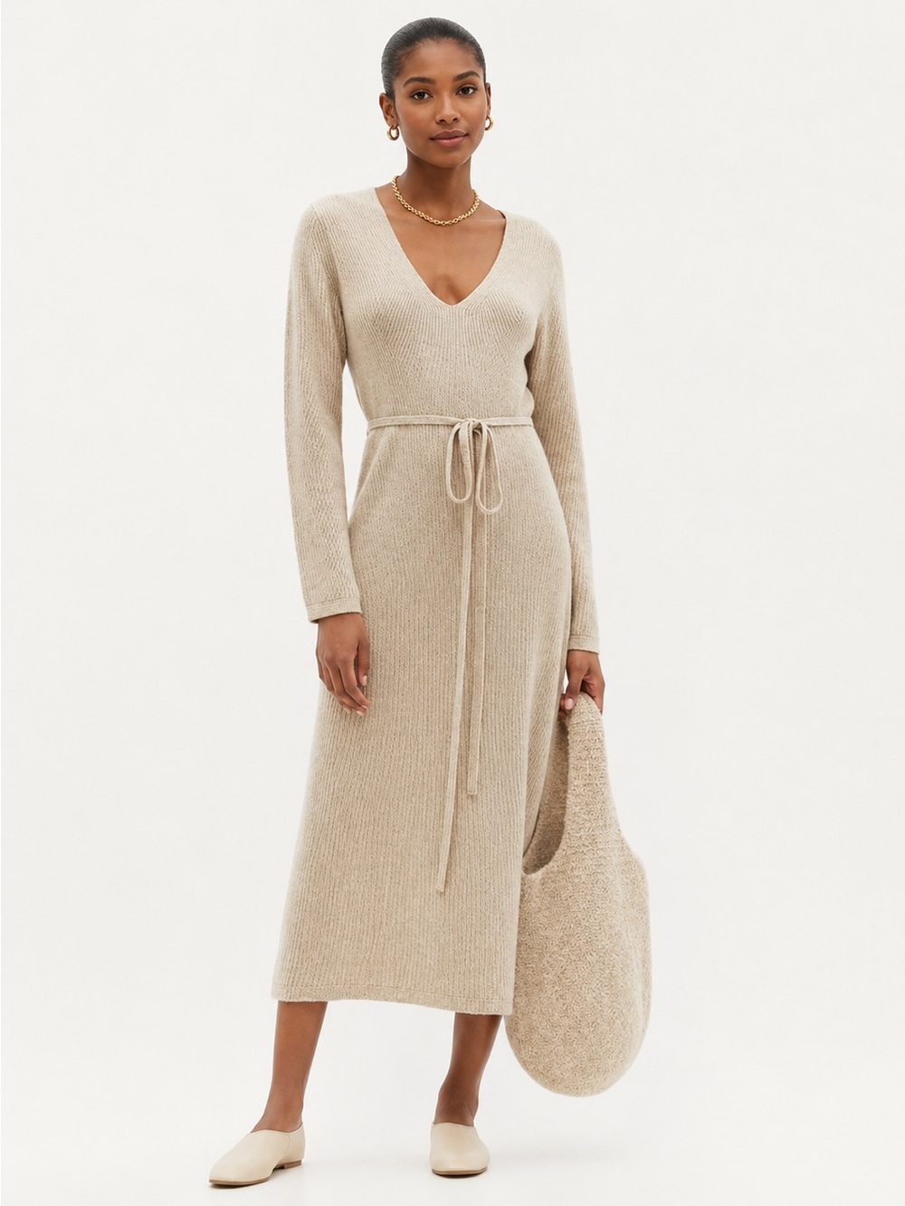 New! CO V-Neck Ribbed Knit Midi Long Sleeve Sweater Dress Beige Taupe🤍 Large NWT